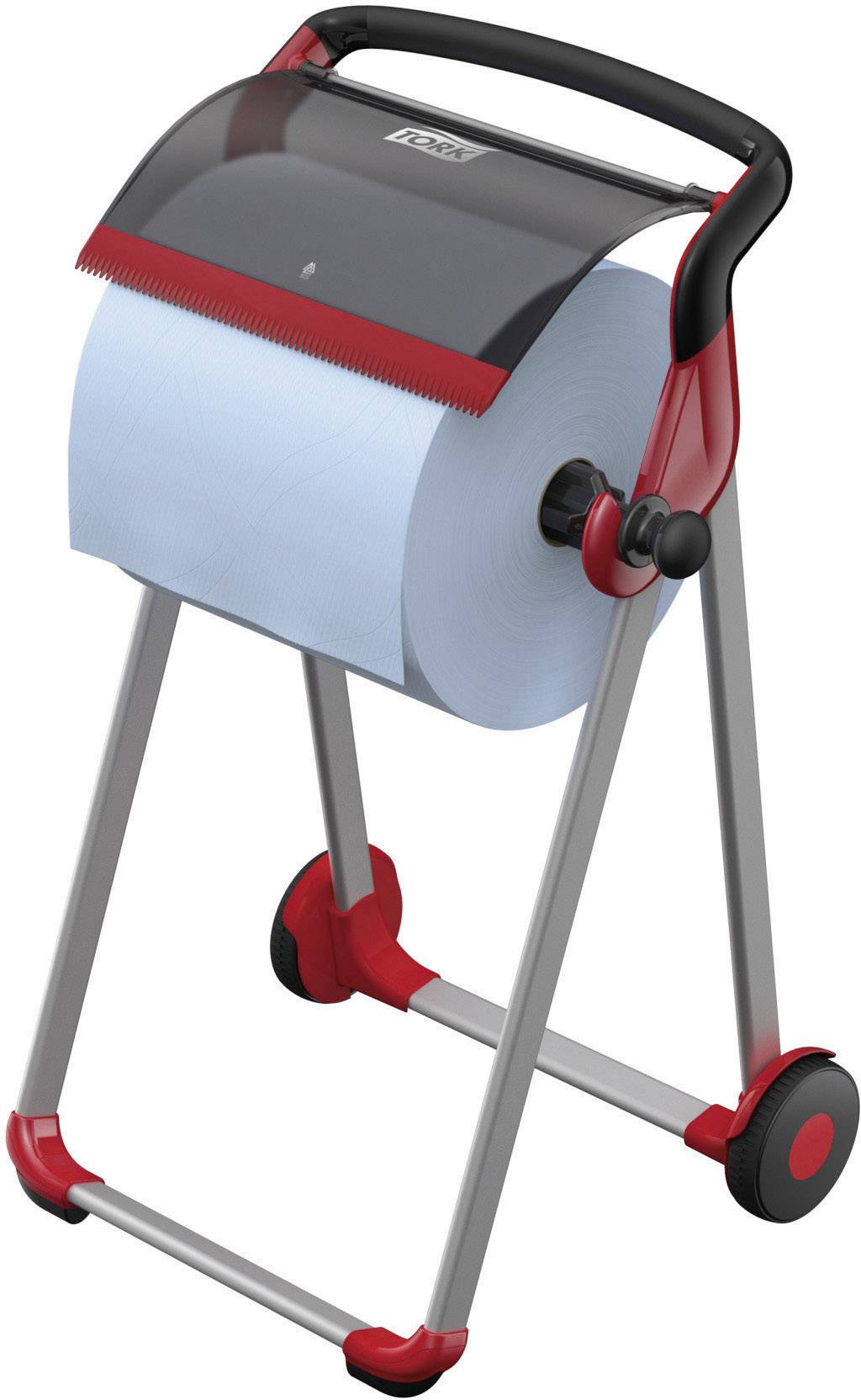 Ein mobiler Papierrollenhalter mit rotem und schwarzem Rahmen, der eine große blaue Papierrolle hält, ideal für Werkstätten oder industrielle Anwendungen.