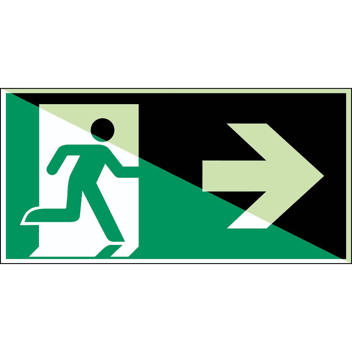 ISO 7010(EMEA) E002/A90 Notausgang rechts, Pfeil; Polyester-Folie langnachleuchtend; selbstkleb. 300 x 150 mm; 1 Schild-1