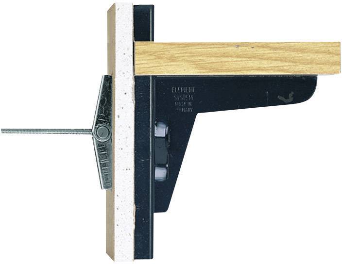 Das Bild zeigt eine Montageklammer, die einen Holzbalken an einer weißen Wand befestigt.