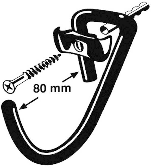 Abbildung zeigt einen Haken mit Schraube. Der Abstand beträgt 80 mm.