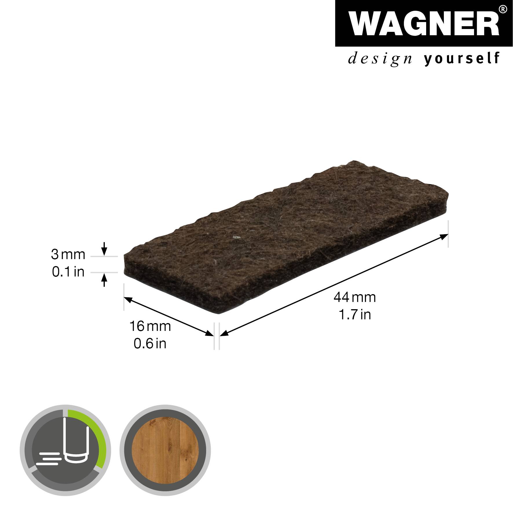 WAGNER Filz Pad 12tlg. - 16 x 44 x 3 mm, selbstklebend, braun, für Filzgleiter, Schutzpads oder zum Basteln - 15174599-1