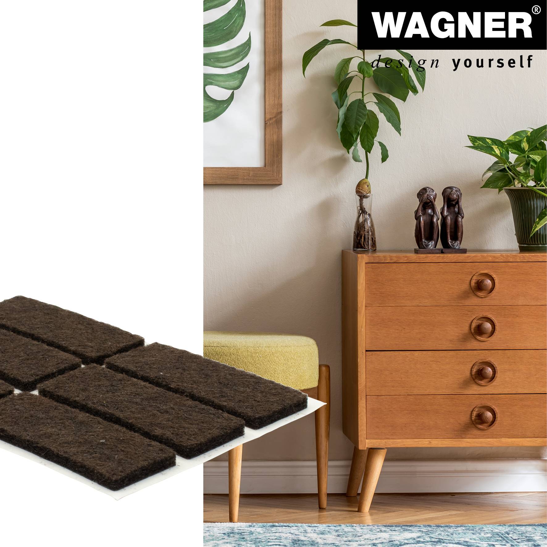 WAGNER Filz Pad 12tlg. - 16 x 44 x 3 mm, selbstklebend, braun, für Filzgleiter, Schutzpads oder zum Basteln - 15174599-2