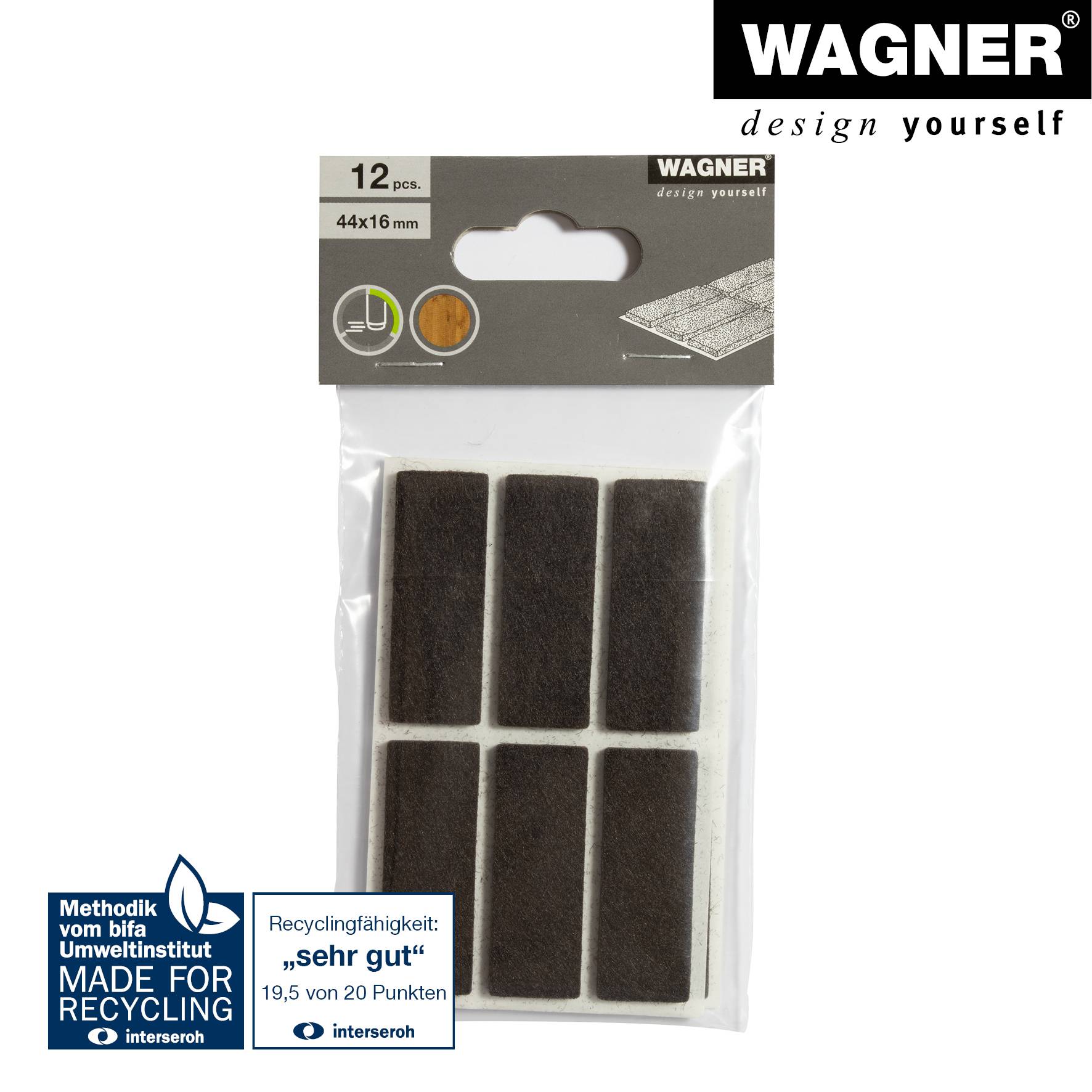 WAGNER Filz Pad 12tlg. - 16 x 44 x 3 mm, selbstklebend, braun, für Filzgleiter, Schutzpads oder zum Basteln - 15174599-4