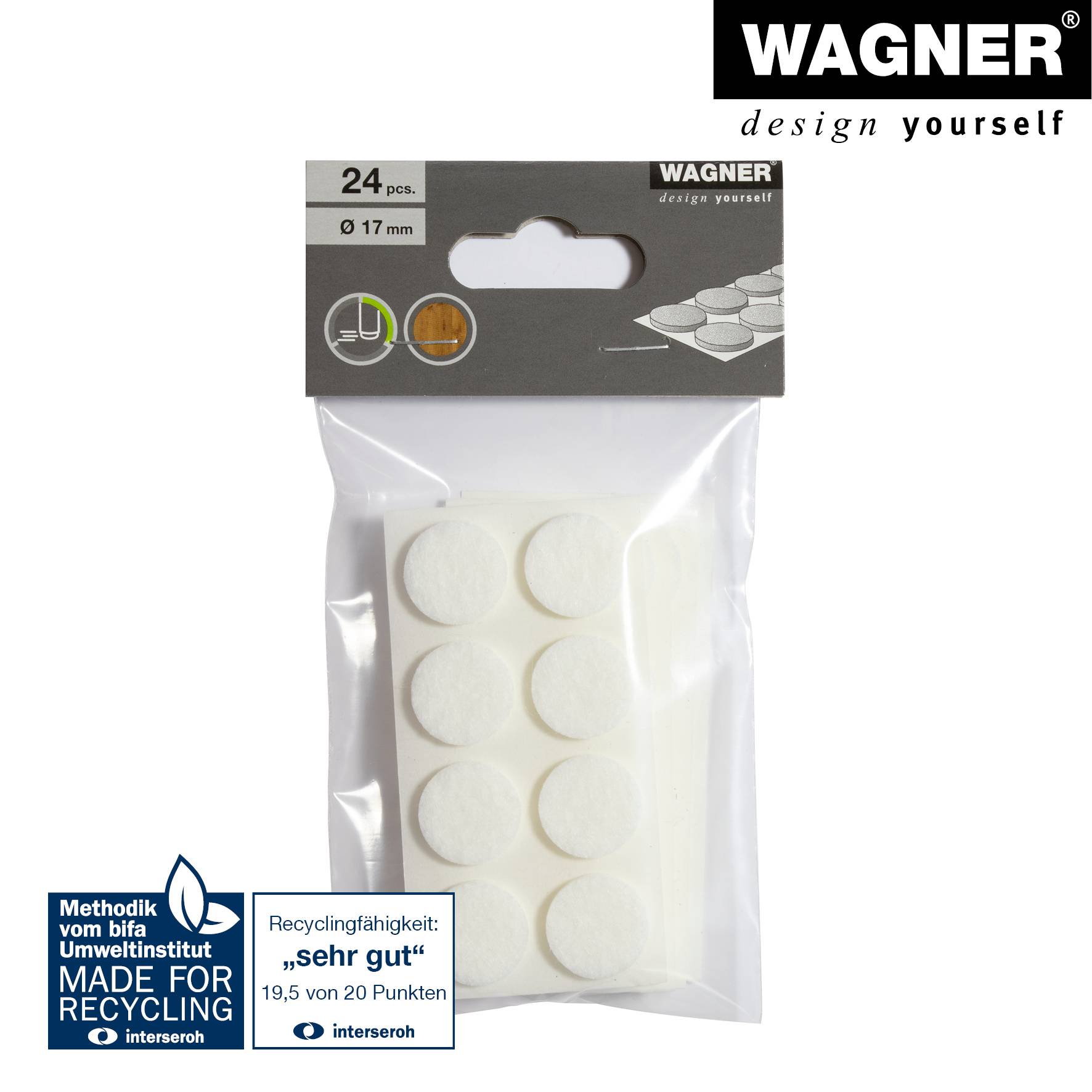 WAGNER Softfilz Pads 24tlg. - Ø 17 x 3 mm, selbstklebend, weiß, als Filzgleiter, Schutzpads oder zum Basteln - 15121799-4