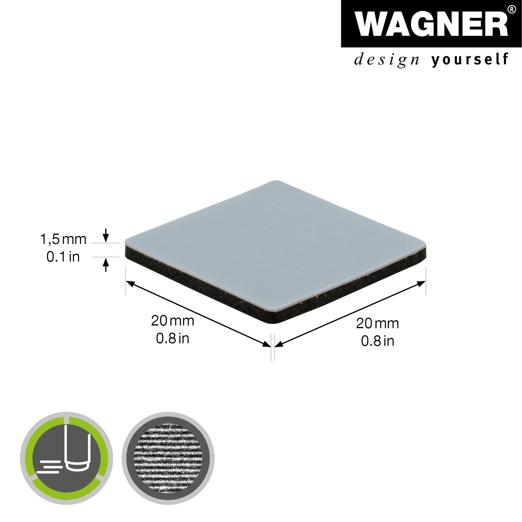 WAGNER PTFE Gleiter 16tlg.- 20 x 20 x 1,5 mm, Spezialkunststoff, selbstklebend, grau, als Gleitpad, robust - 16122099-1