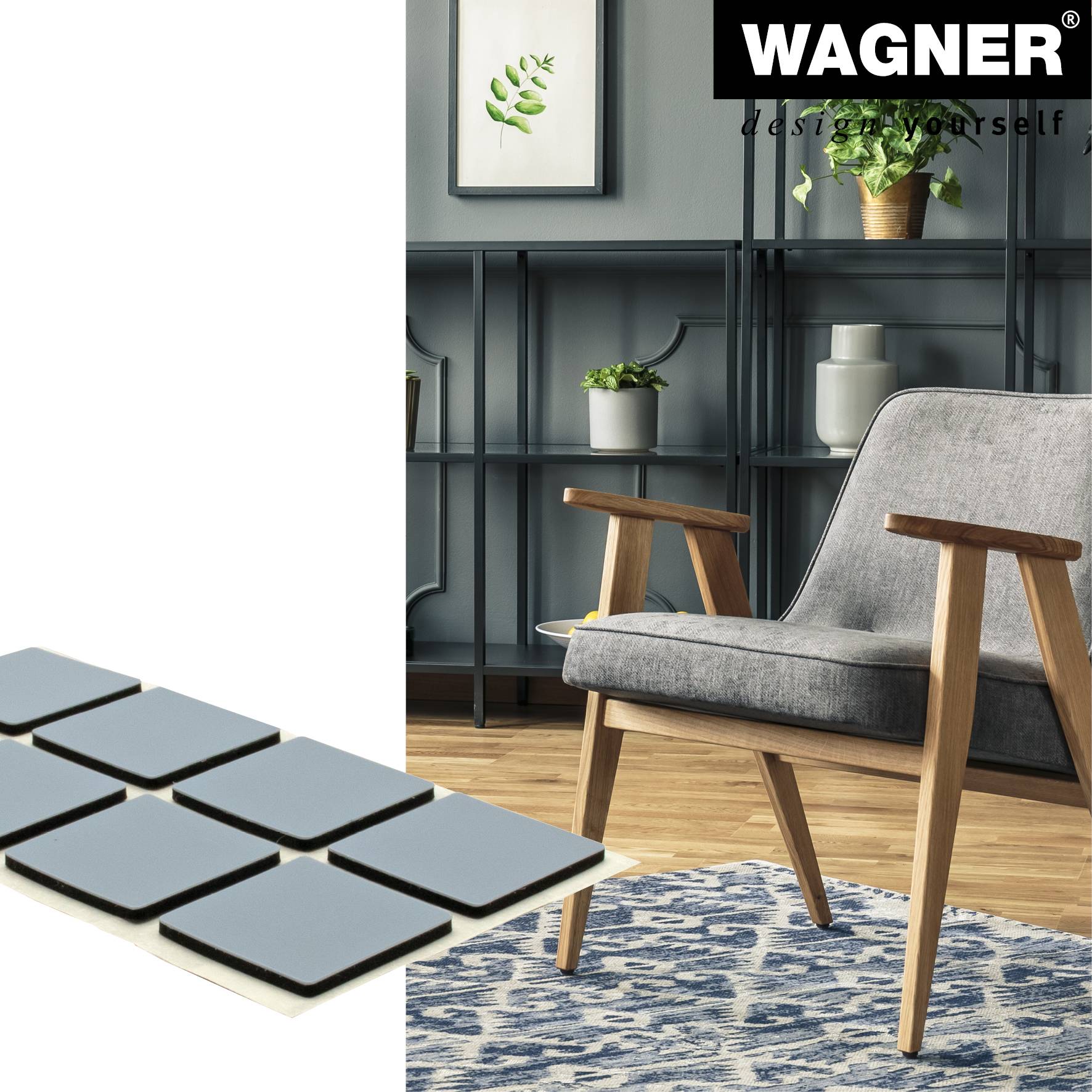 WAGNER PTFE Gleiter 16tlg.- 20 x 20 x 1,5 mm, Spezialkunststoff, selbstklebend, grau, als Gleitpad, robust - 16122099-2