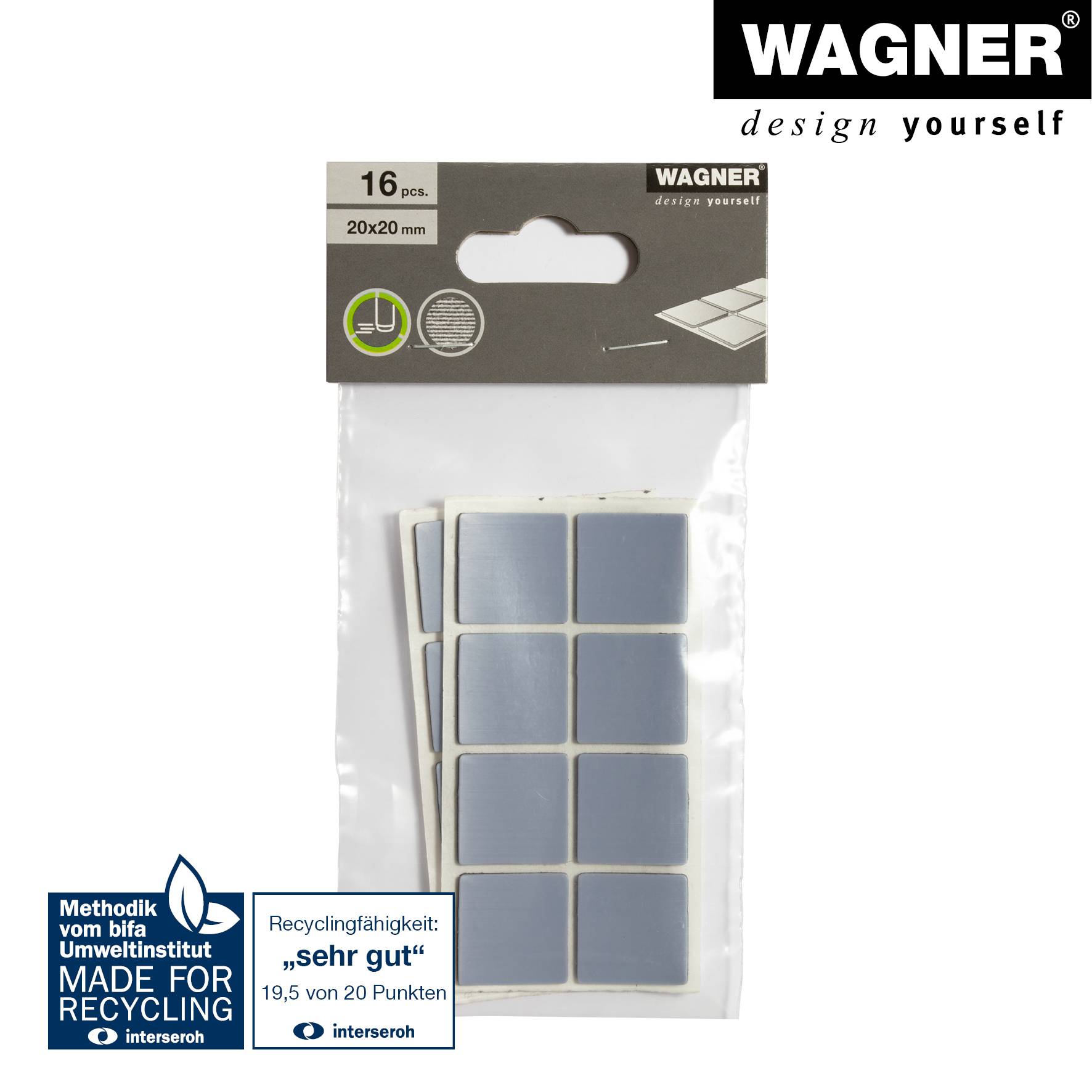 WAGNER PTFE Gleiter 16tlg.- 20 x 20 x 1,5 mm, Spezialkunststoff, selbstklebend, grau, als Gleitpad, robust - 16122099-4
