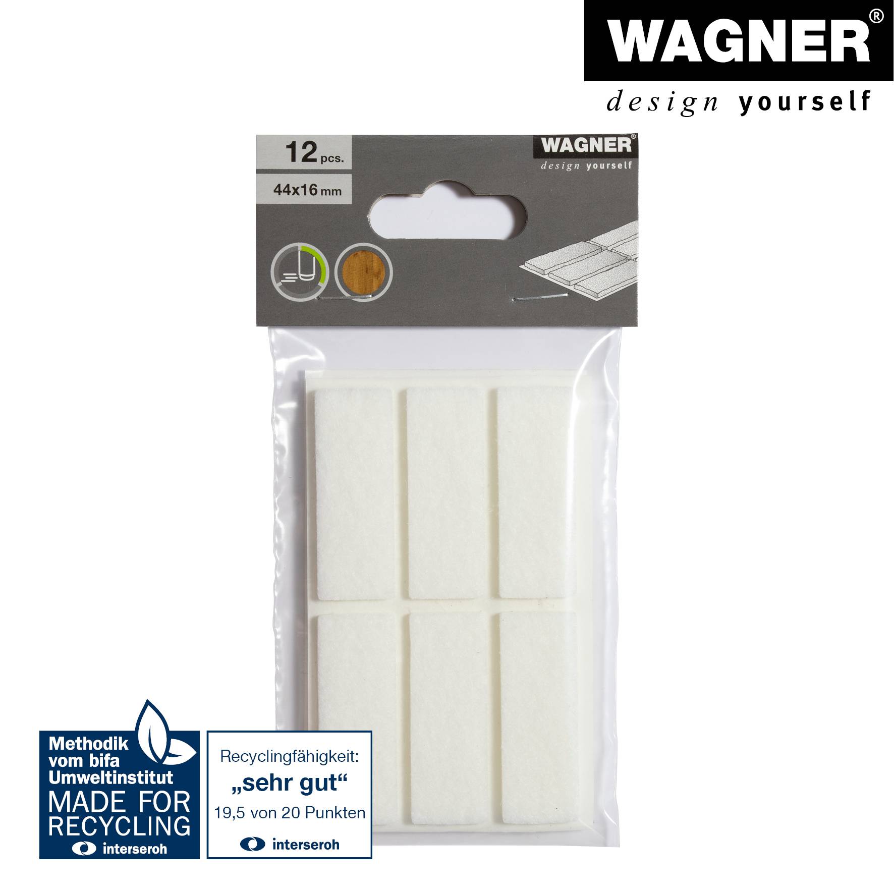WAGNER Filz Pad 12tlg. - 16 x 44 x 3 mm, selbstklebend, weiß, für Filzgleiter, Schutzpads oder zum Basteln - 15174499-4