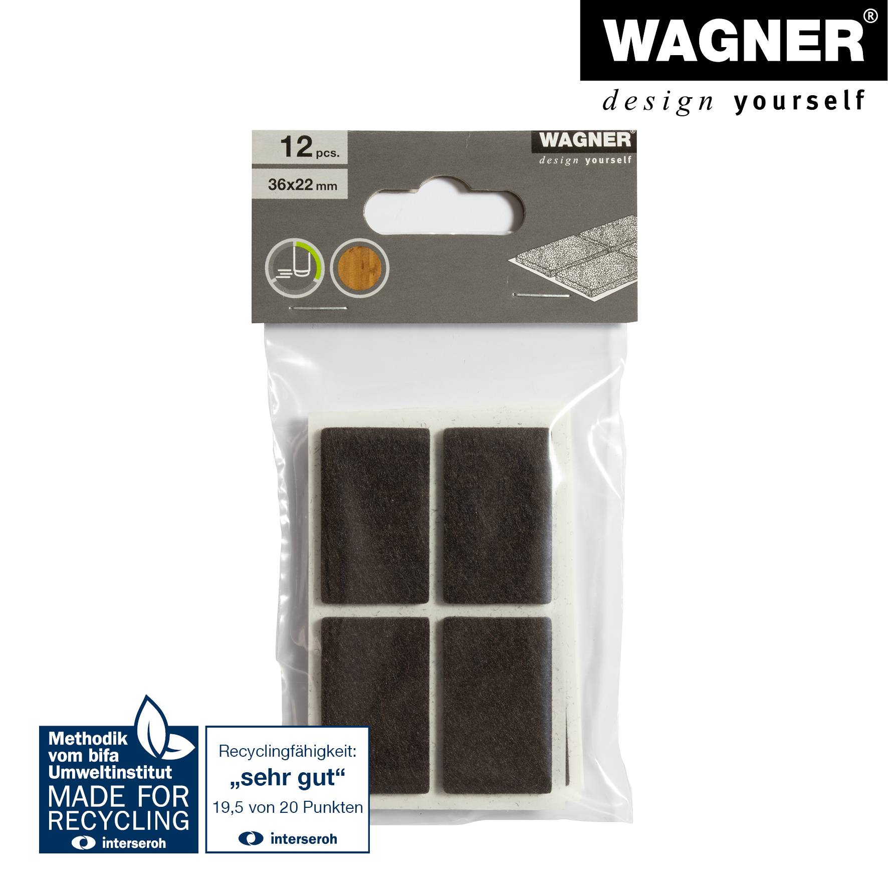 WAGNER Filz Pad 12tlg. - 22 x 36 x 3 mm, selbstklebend, braun, für Filzgleiter, Schutzpads oder zum Basteln - 15173799-4