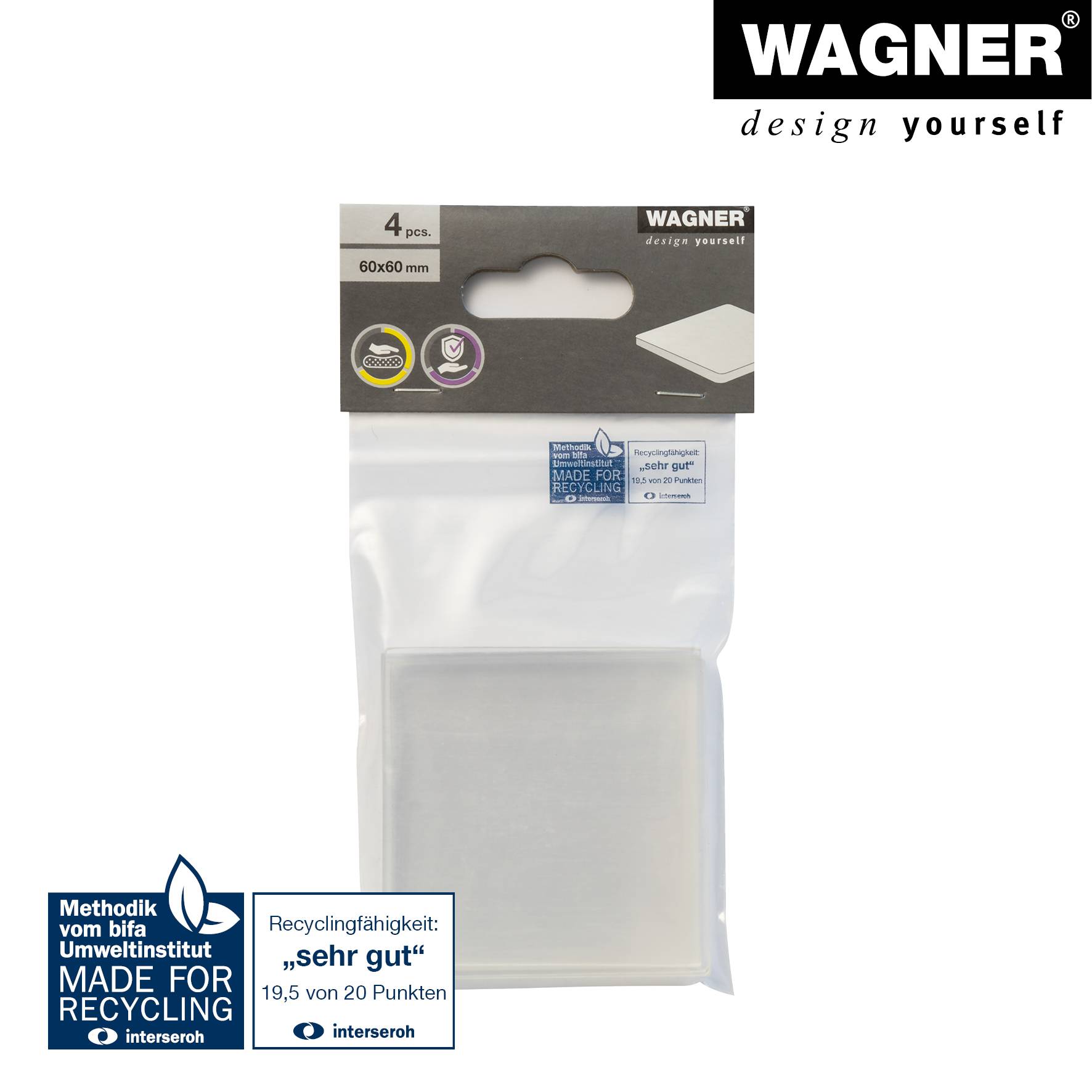 WAGNER Schutzpads 4tlg - 60 x 60 x 6,5 mm, transparent, selbstklebend, als Schutz unter diversen Gegenständen - 15316099-3