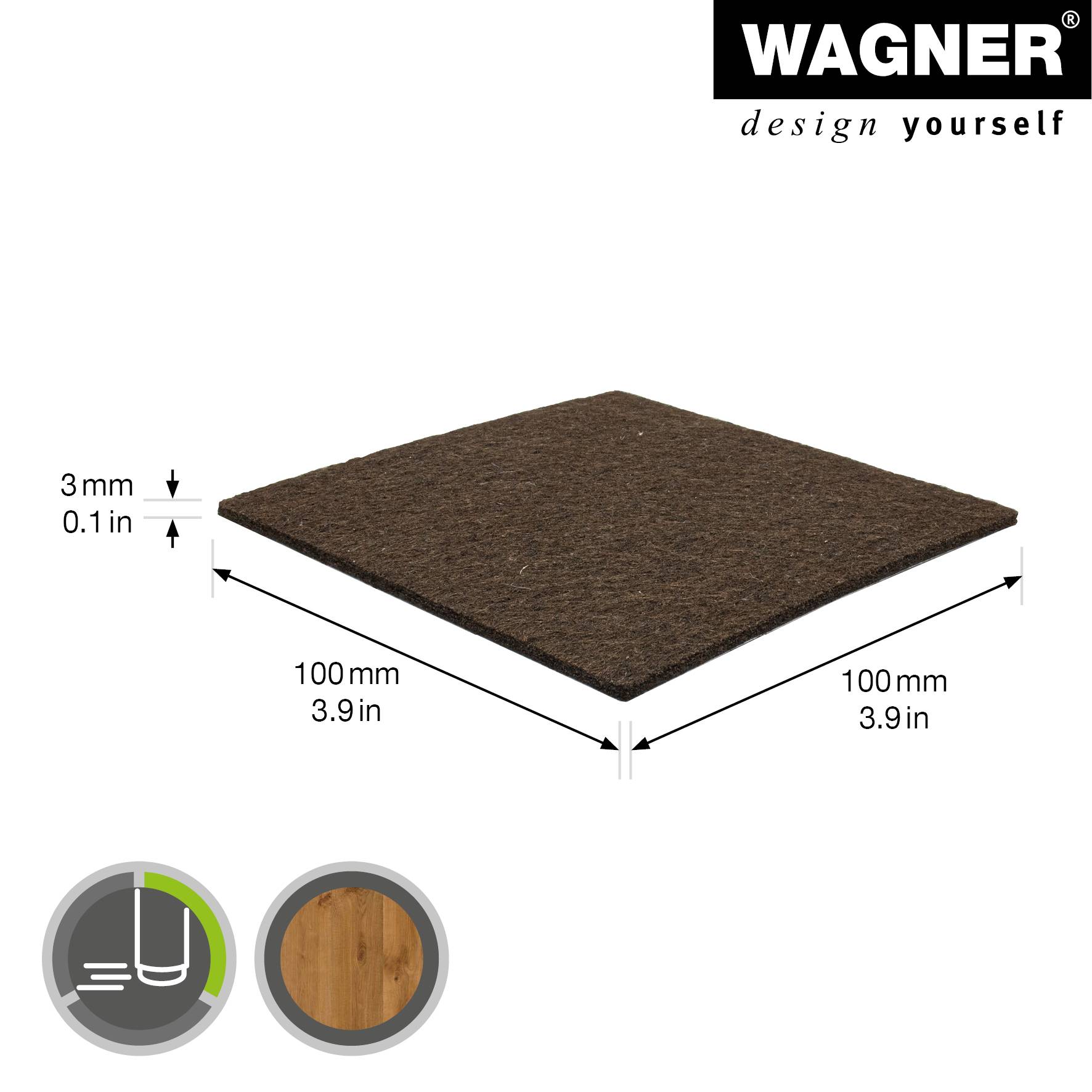 WAGNER Filz Pad - 100 x 100 x 3 mm, selbstklebend, braun, für Filzgleiter, Schutzpads oder zum Basteln - 15171299-1