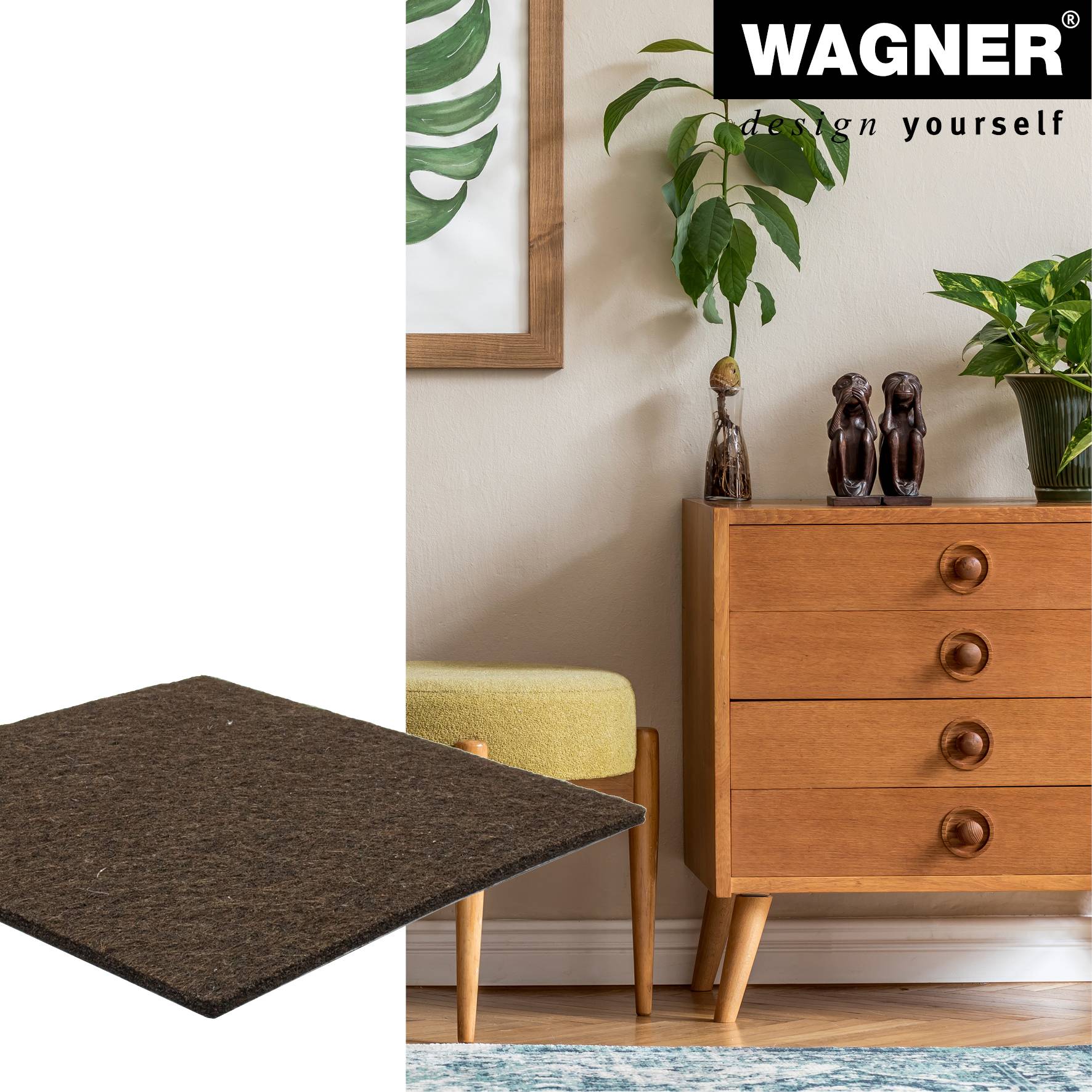 WAGNER Filz Pad - 100 x 100 x 3 mm, selbstklebend, braun, für Filzgleiter, Schutzpads oder zum Basteln - 15171299-2