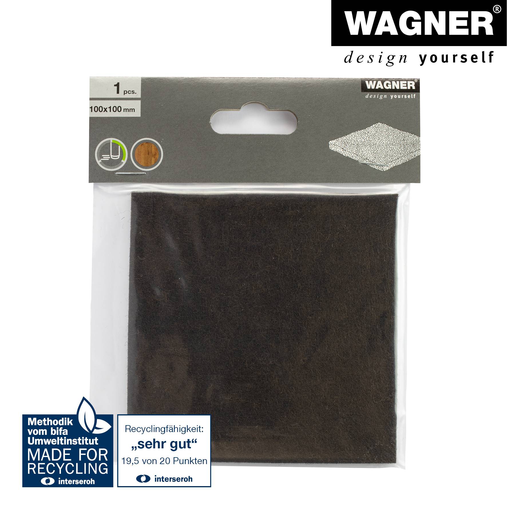 WAGNER Filz Pad - 100 x 100 x 3 mm, selbstklebend, braun, für Filzgleiter, Schutzpads oder zum Basteln - 15171299-3