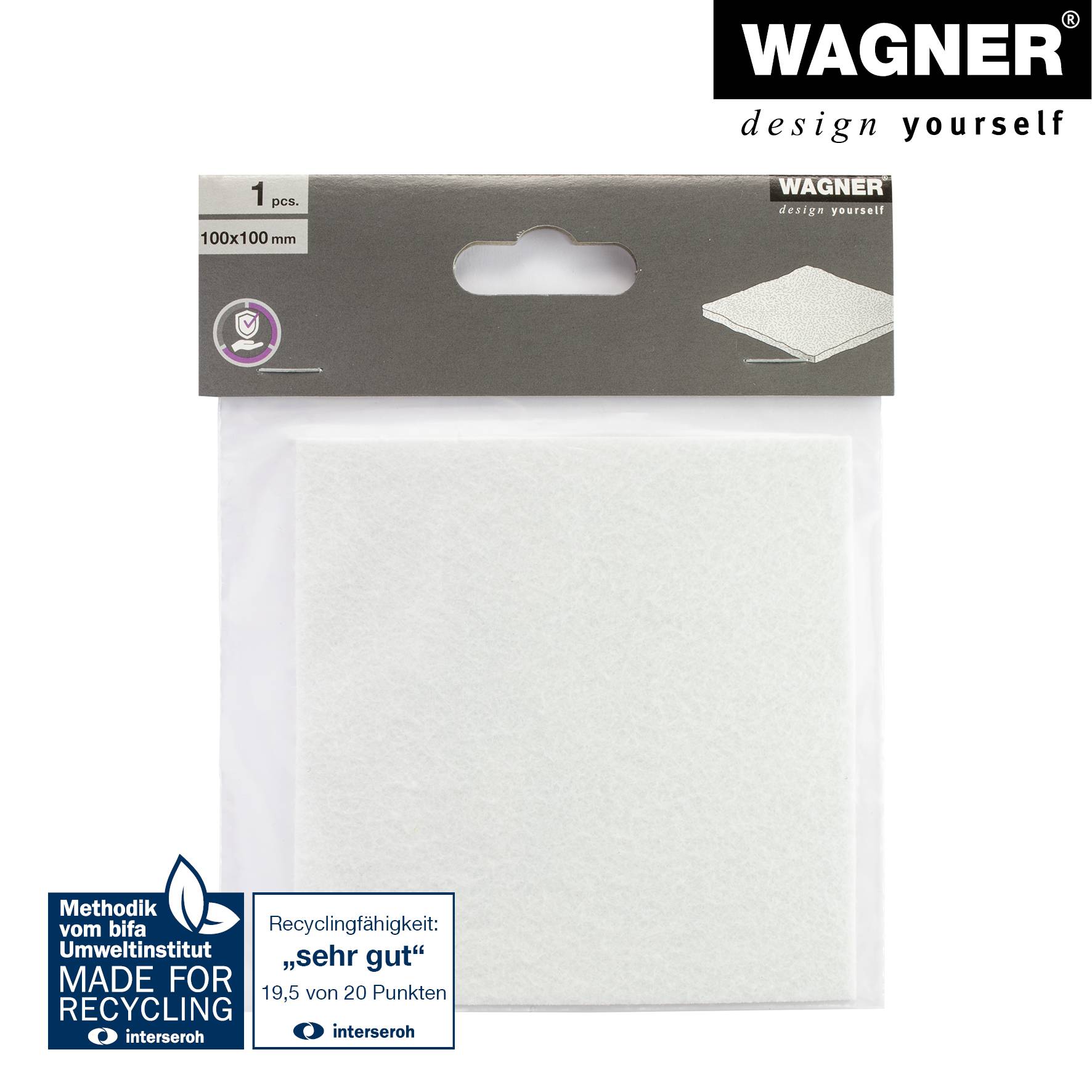 WAGNER Softfilz Pad - 100 x 100 x 1 mm, selbstklebend, weiß, für Filzgleiter, Schutzpads oder zum Basteln - 15000399-3