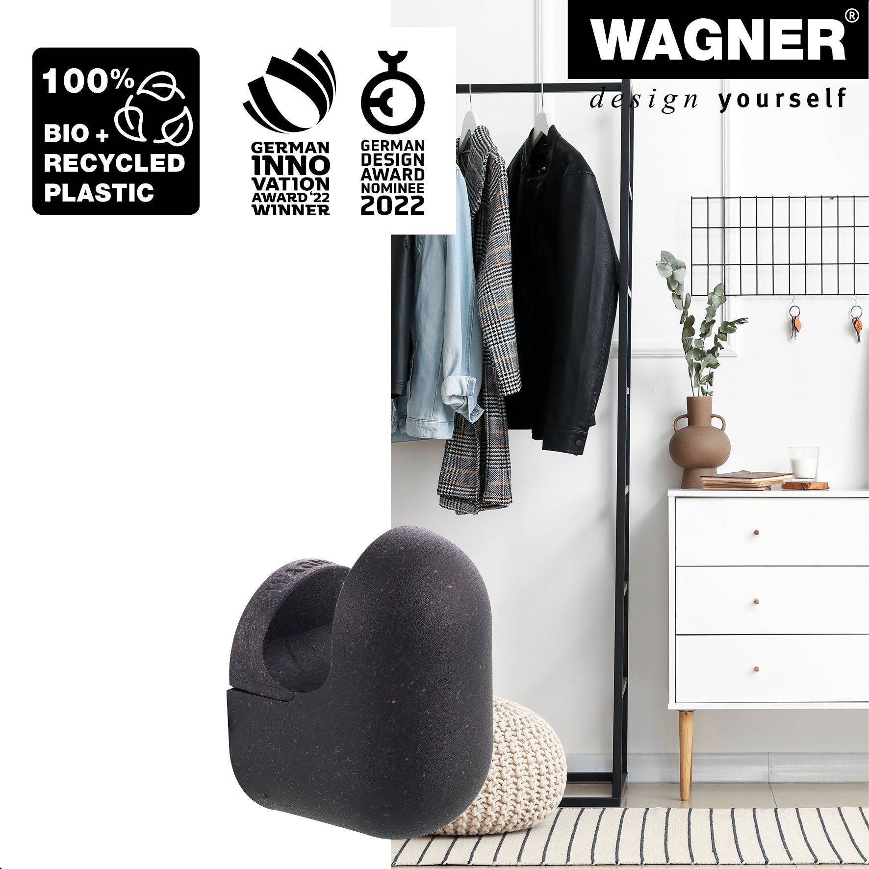 WAGNER hooks4home Wandhaken PILL - 50 x 30 x 35 mm, Bio Kunststoff schwarz, DE Ware - 17040121-2