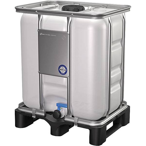 IBC-Container mit UN-Zulassung Volumen 300 l natur auf Kunststoffpalette. Alpha Paletten & Boxen e.K.