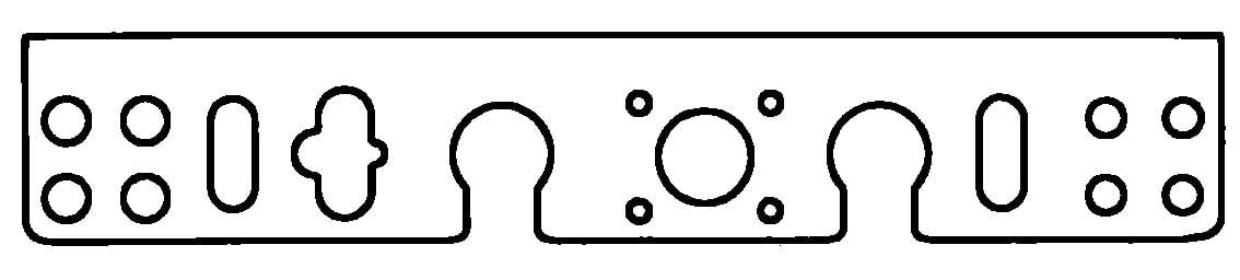 Schema einer Dichtung mit verschiedenen Bohrungen und Aussparungen, vermutlich für einen spezifischen technischen oder mechanischen Einsatz.