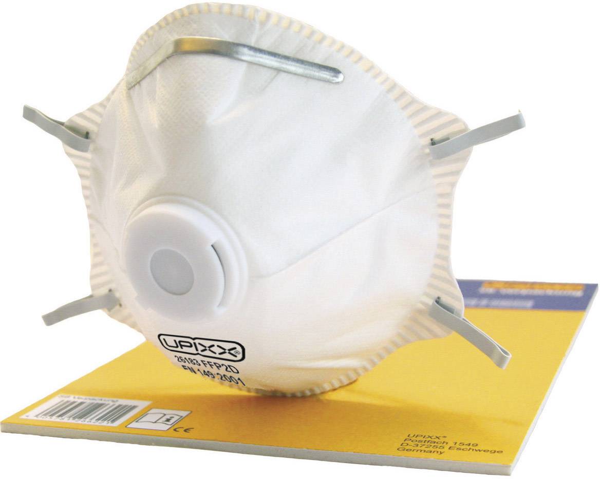 Schutzmaske mit Ventil auf einer Verpackung. Sie hat verstellbare Bänder und eine Nasenklammer für sicheren Sitz.