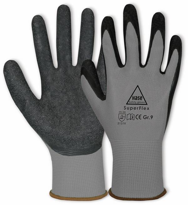 HASE SAFETY GLOVES Latex-Arbeitshandschuhe Superflex, EN 388, EN 420, Größe 9, grau/schwarz