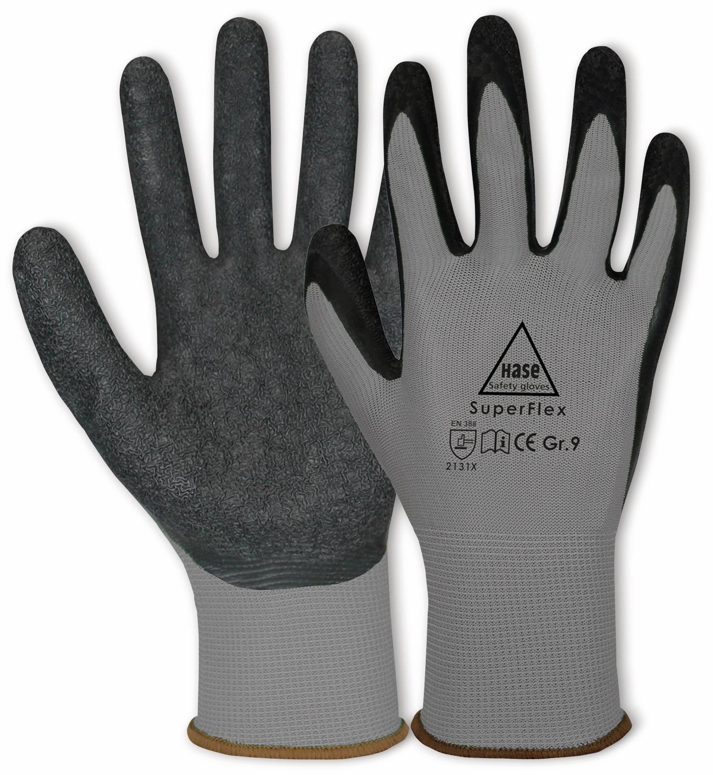 HASE SAFETY GLOVES Latex-Arbeitshandschuhe Superflex, EN 388, EN 420, Größe 9, grau/schwarz-0