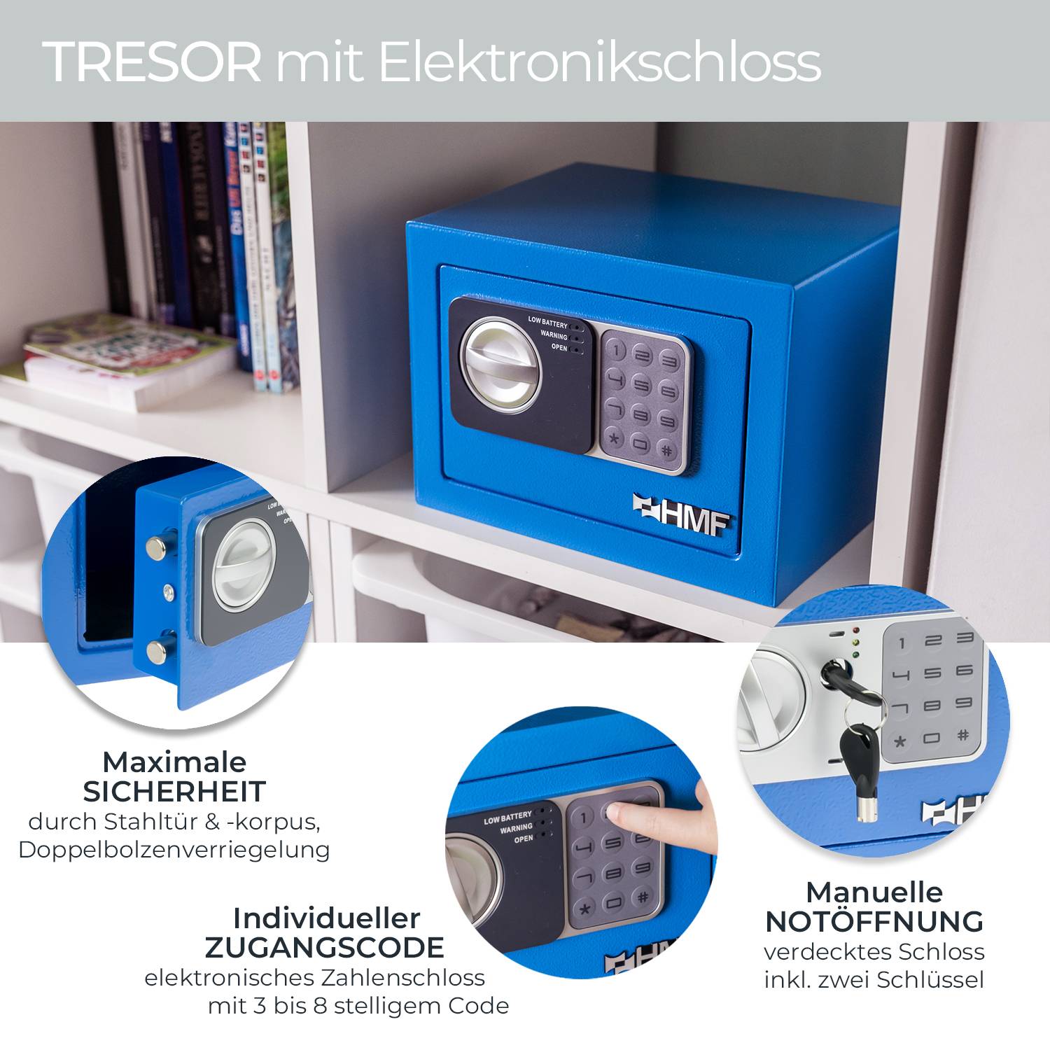 HMF 46126-05 Tresor mit Zahlenschloss, Möbeltresor klein, 23 x 17 x 17 cm, Blau-1