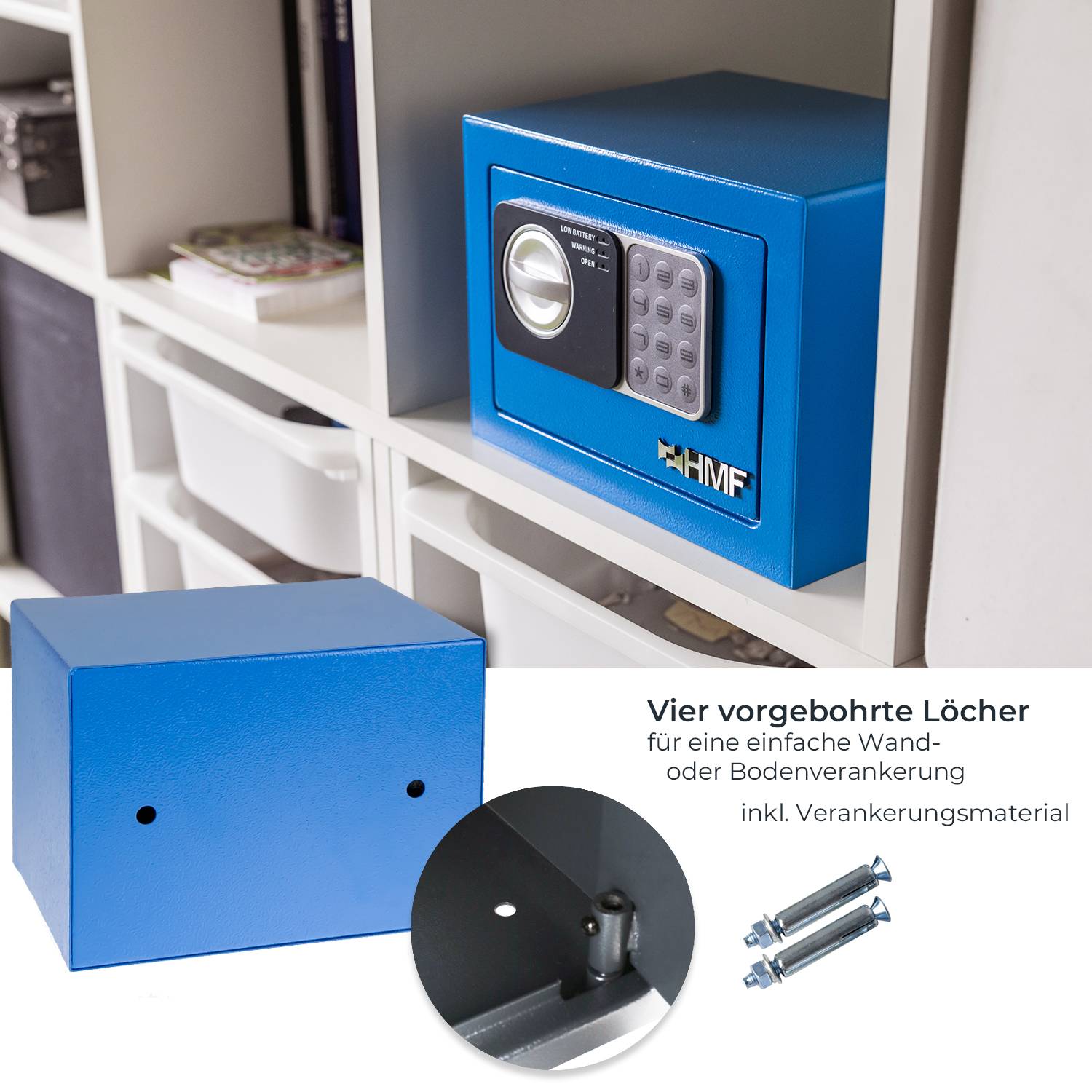 HMF 46126-05 Tresor mit Zahlenschloss, Möbeltresor klein, 23 x 17 x 17 cm, Blau-3
