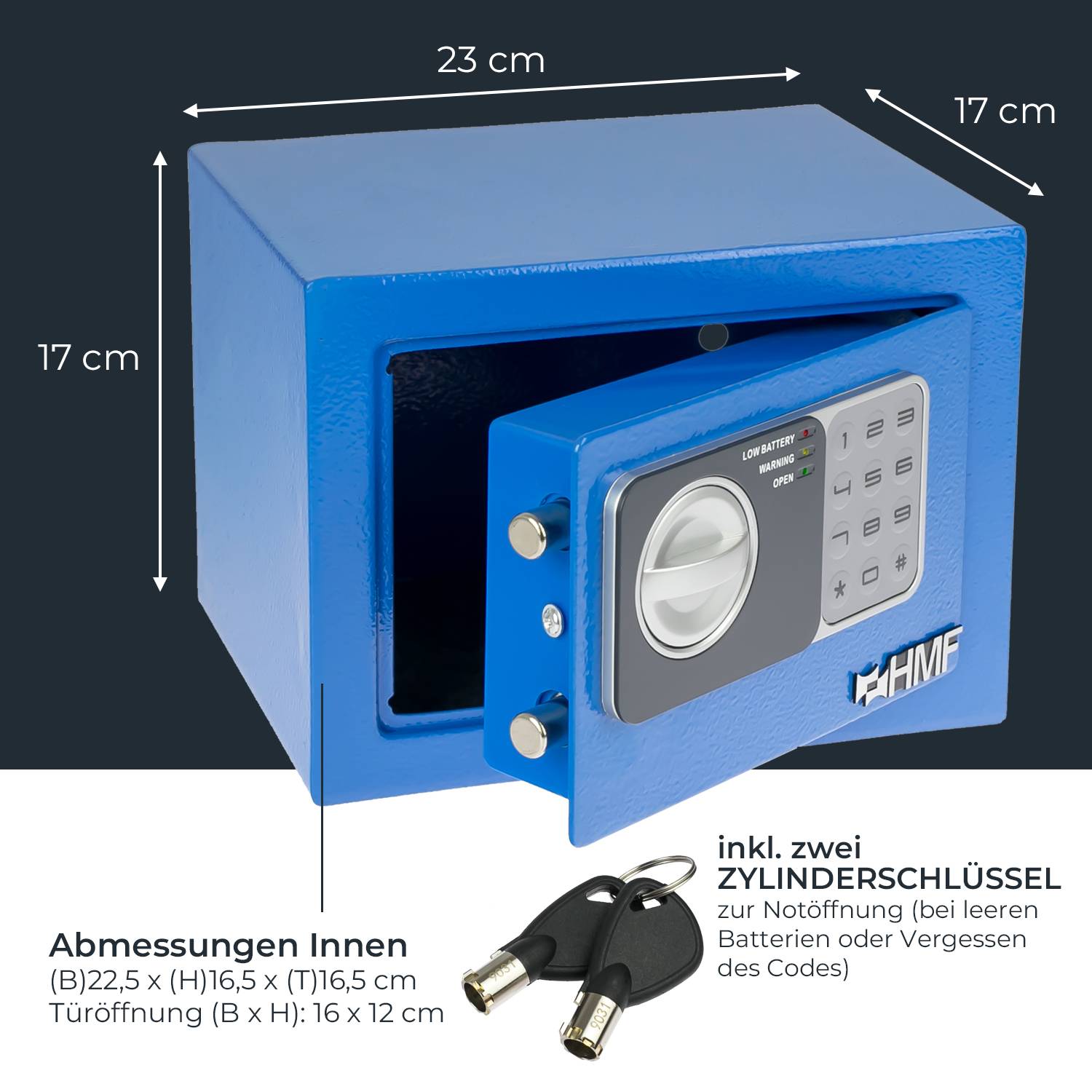 HMF 46126-05 Tresor mit Zahlenschloss, Möbeltresor klein, 23 x 17 x 17 cm, Blau-4