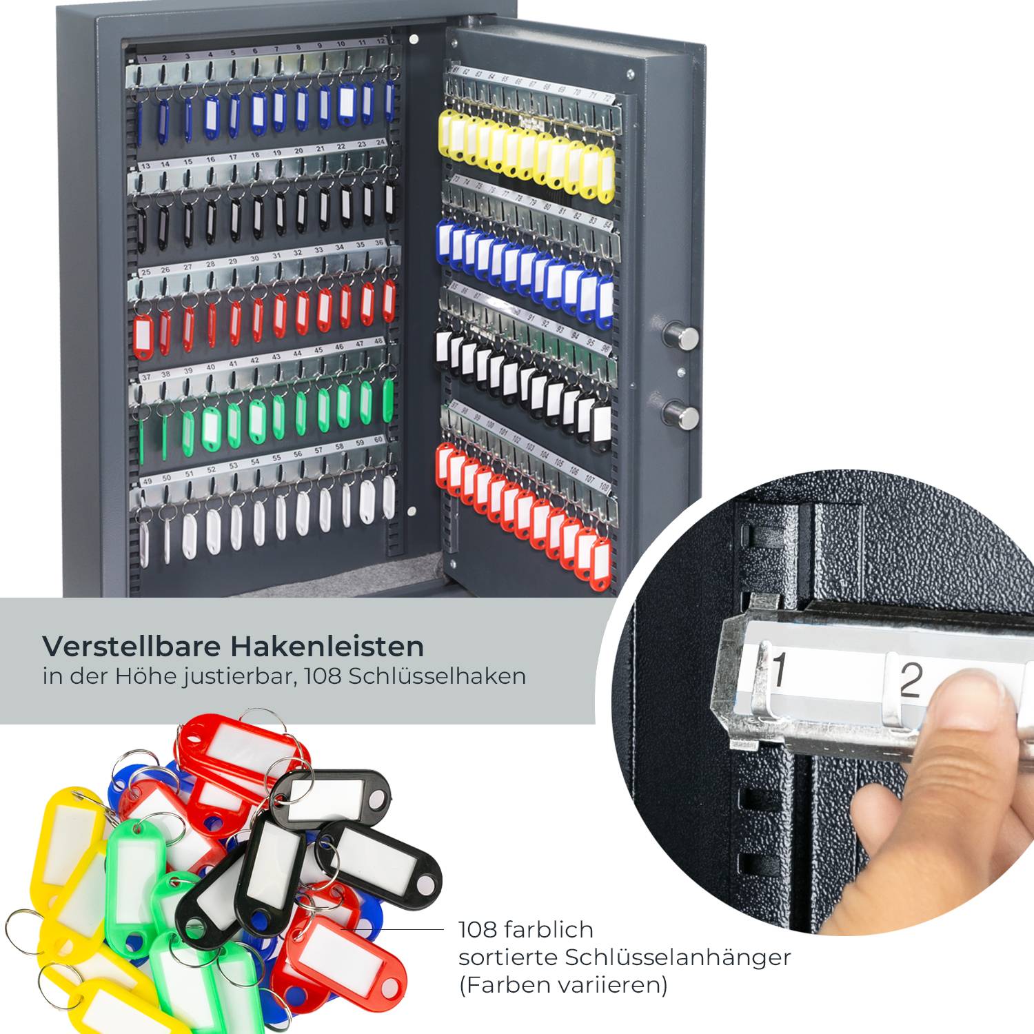 HMF Schlüsseltresor mit Zahlencode, Schlüsselsafe mit Elektronikschloss, 108 Haken, 66,5 x 43 x 13 cm, Anthrazit-2