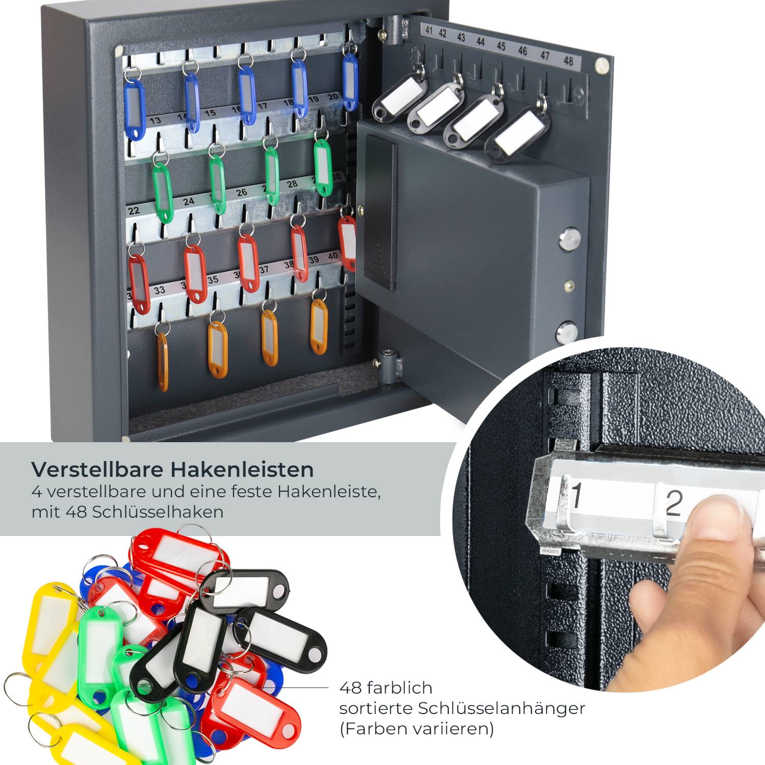 HMF Schlüsseltresor mit Zahlencode, Schlüsselsafe mit Elektronikschloss, 48 Haken, 36 x 30 x 10 cm, Anthrazit-2