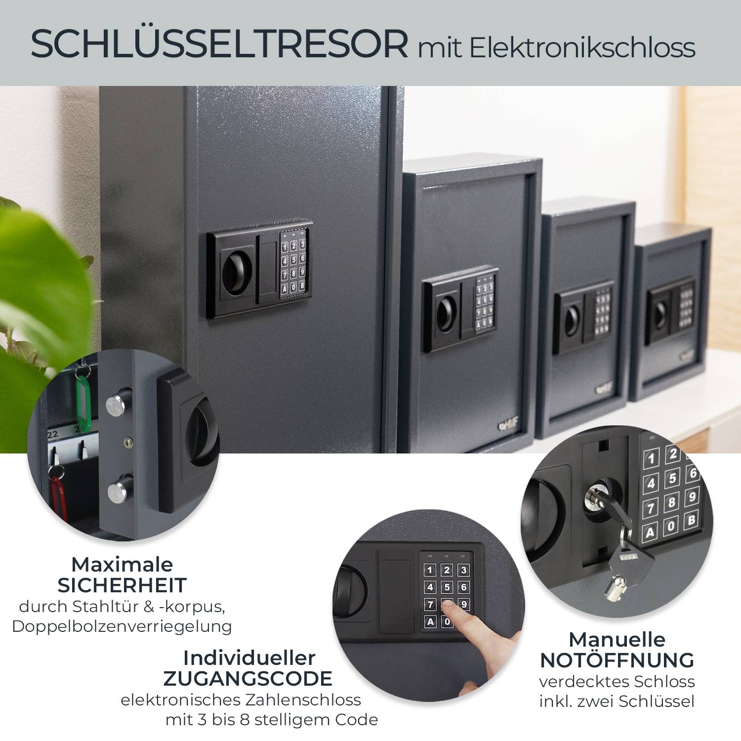 HMF Schlüsseltresor mit Zahlencode, Schlüsselsafe mit Elektronikschloss, 30 Haken, 30 x 28 x 10 cm, Anthrazit-1