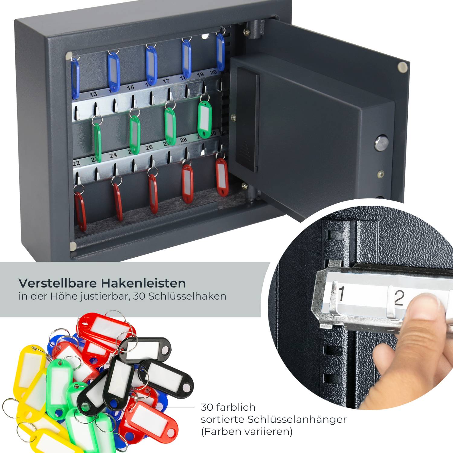 HMF Schlüsseltresor mit Zahlencode, Schlüsselsafe mit Elektronikschloss, 30 Haken, 30 x 28 x 10 cm, Anthrazit-2