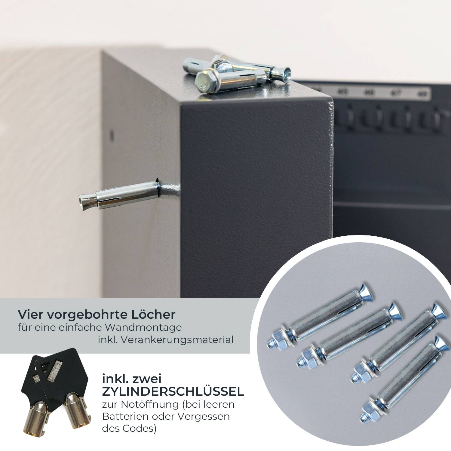 HMF Schlüsseltresor mit Zahlencode, Schlüsselsafe mit Elektronikschloss, 30 Haken, 30 x 28 x 10 cm, Anthrazit-3