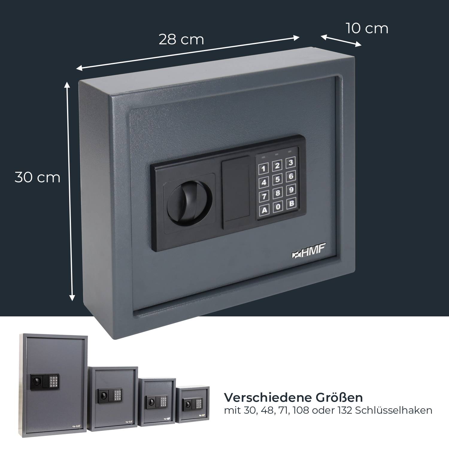 HMF Schlüsseltresor mit Zahlencode, Schlüsselsafe mit Elektronikschloss, 30 Haken, 30 x 28 x 10 cm, Anthrazit-4