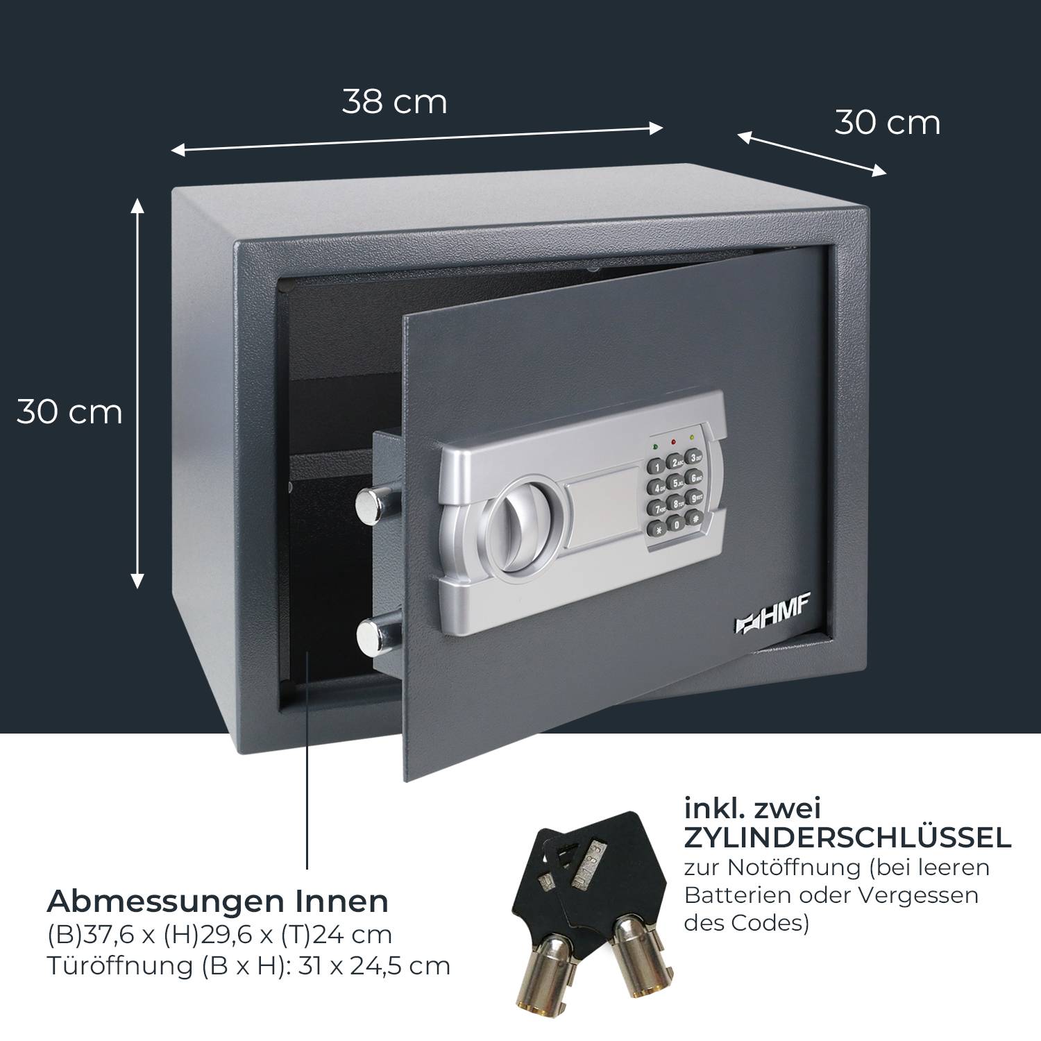 HMF Tresor für Zuhause, Hotel oder Büro, Möbeltresor mit Zahlenschloss für DIN A4 Dokumente, 38 x 30 x 30 cm, Anthrazit-4