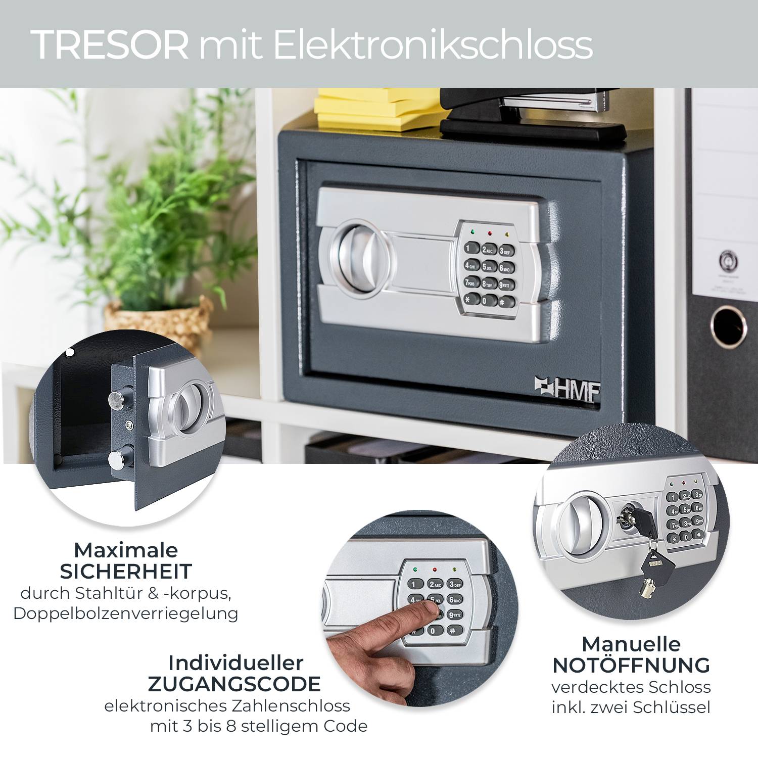 HMF Tresor mit Zahlenschloss für 15 Zoll Laptops und DIN A3 Dokumente 45 x 25 x 36,5cm Anthrazit-1