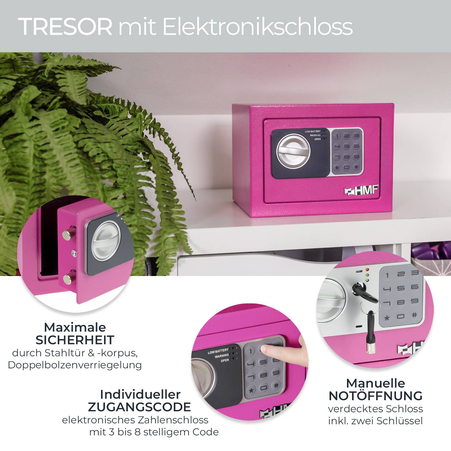 HMF 46126-15 Tresor mit Zahlenschloss, Möbeltresor klein, 23 x 17 x 17 cm, Pink-1