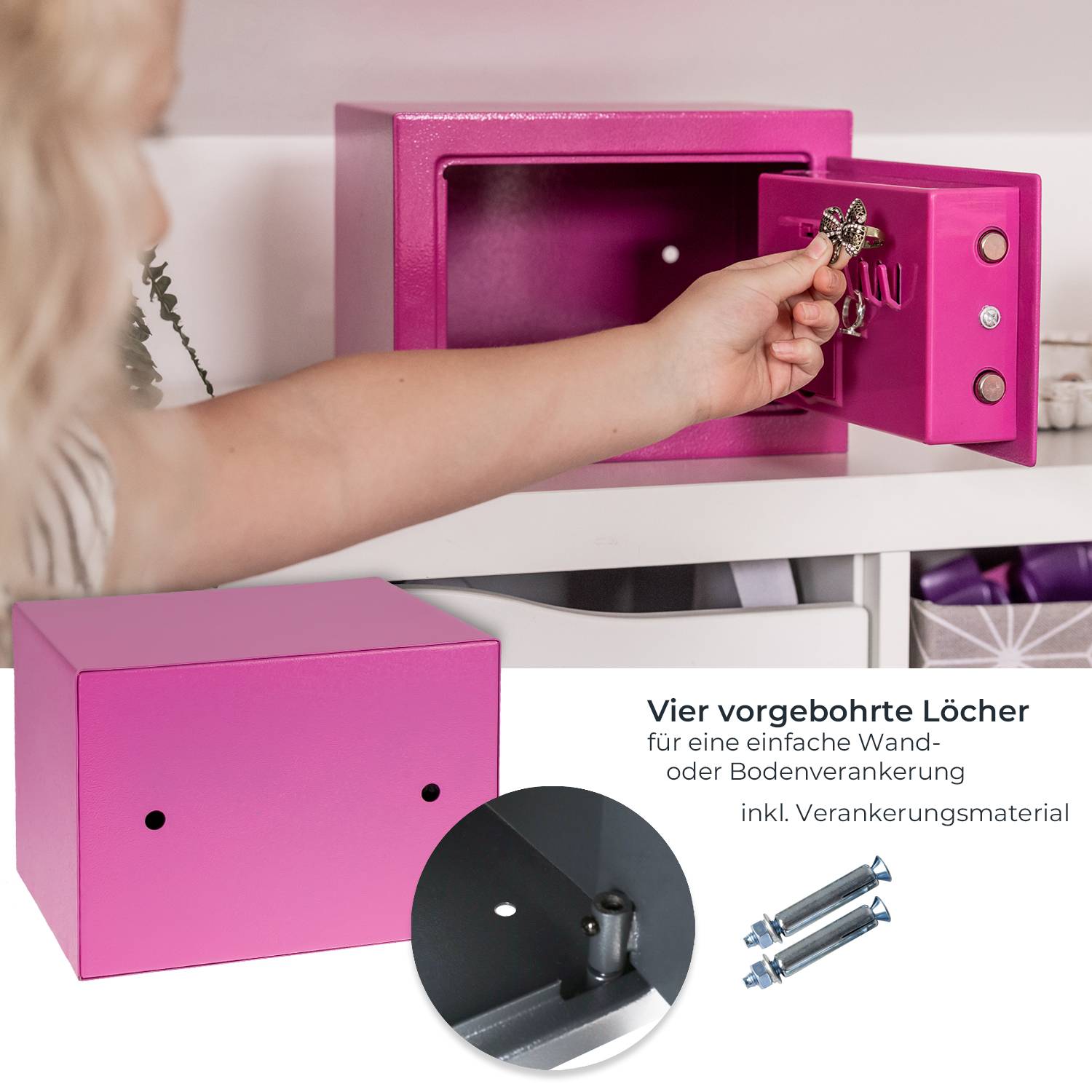 HMF 46126-15 Tresor mit Zahlenschloss, Möbeltresor klein, 23 x 17 x 17 cm, Pink-3