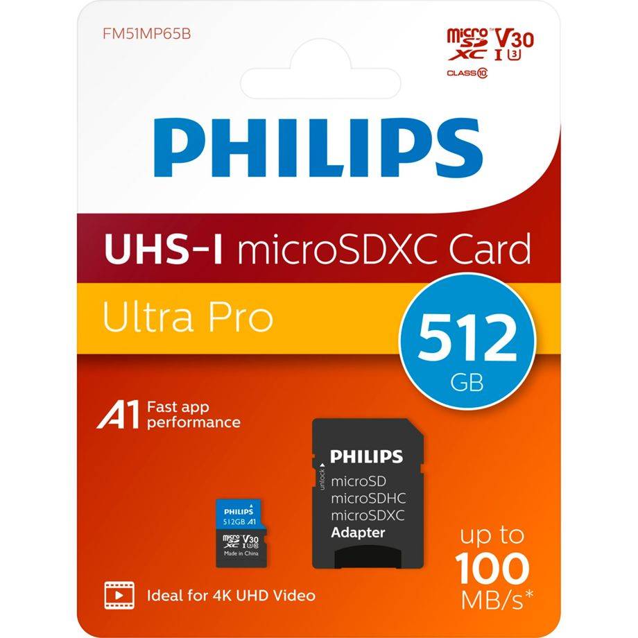 PHILIPS - MicroSDXC Card 512GB Class 10 UHS-I U3 incl. Adapter - Extended Capacity SD (MicroSDHC)-1