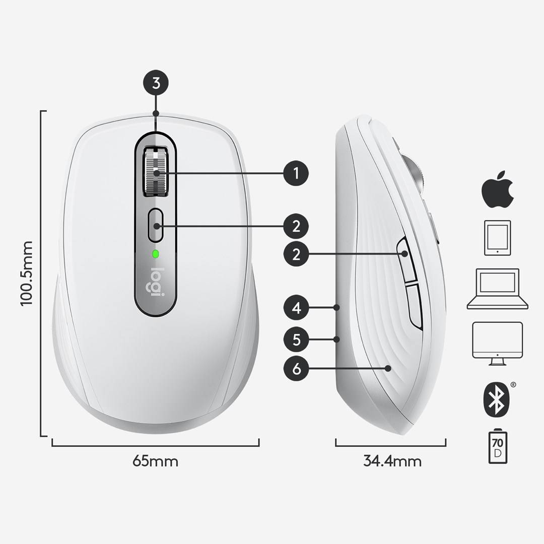 Logitech MX Anywhere 3 Mac Maus Bluetooth® Laser Hellgrau 6 Tasten 1000 dpi Wiederaufladbar-5