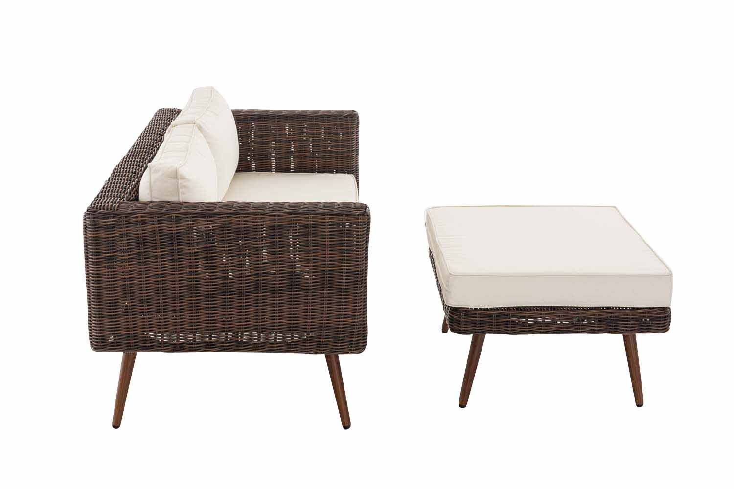 2er Sofa Molde mit Fußhocker Rundrattan braun-meliert 45 cm (Dunkelbraun) cremeweiß-1