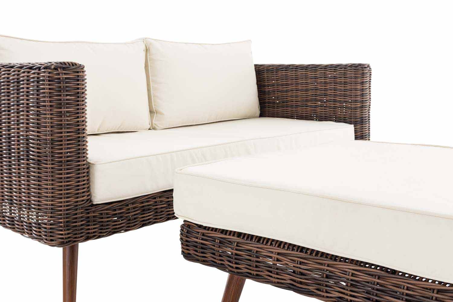 2er Sofa Molde mit Fußhocker Rundrattan braun-meliert 45 cm (Dunkelbraun) cremeweiß-4
