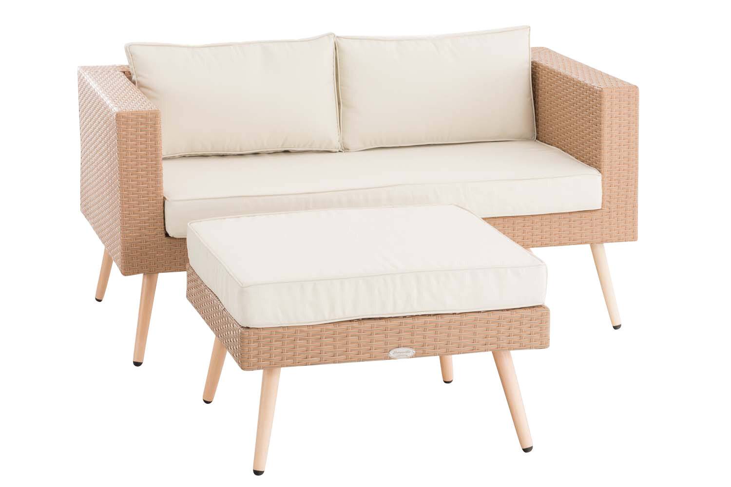 2er Sofa Molde mit Fußhocker Flachrattan sand 45 cm (Hellbraun) cremeweiß-0