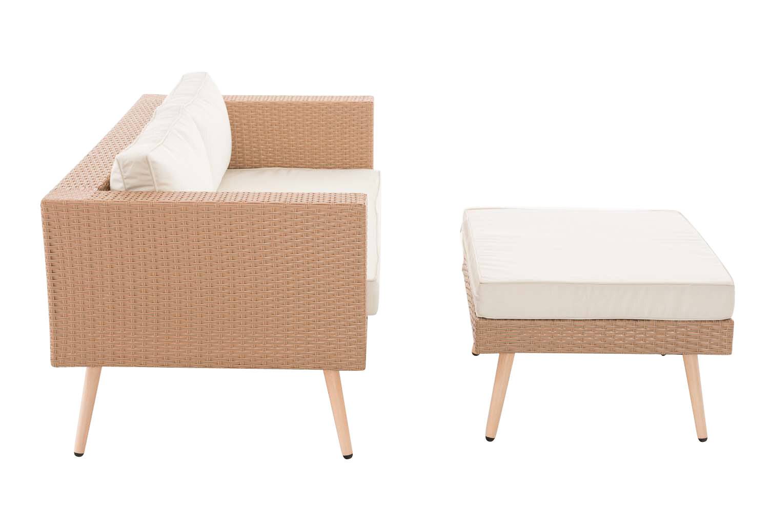 2er Sofa Molde mit Fußhocker Flachrattan sand 45 cm (Hellbraun) cremeweiß-1
