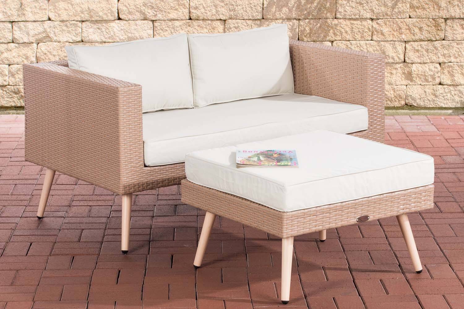 2er Sofa Molde mit Fußhocker Flachrattan sand 45 cm (Hellbraun) cremeweiß-4
