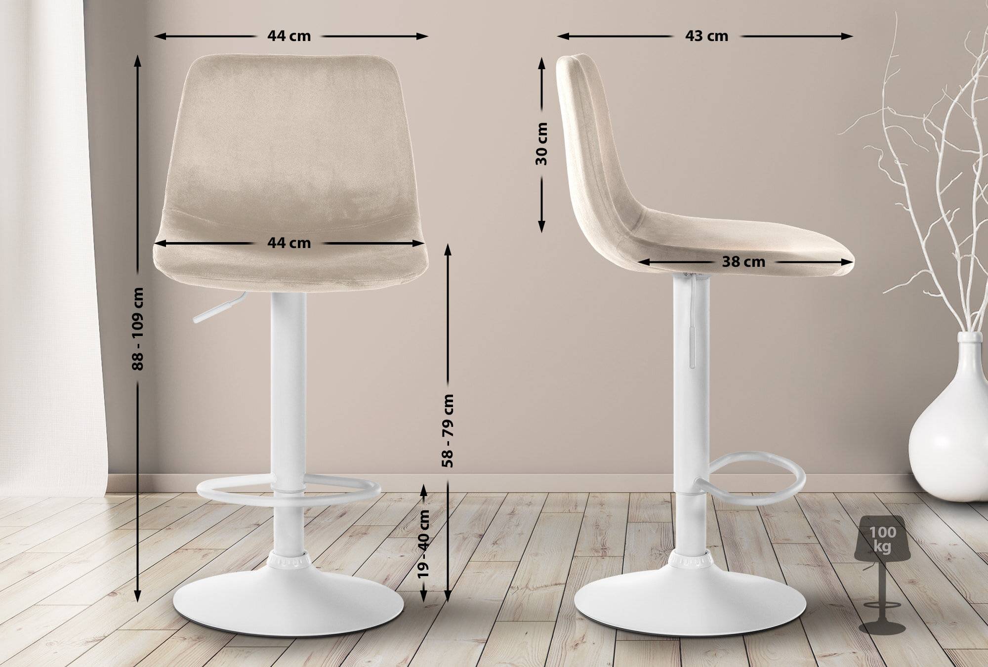 2er Set Barhocker Divo Samt Weiß creme-1
