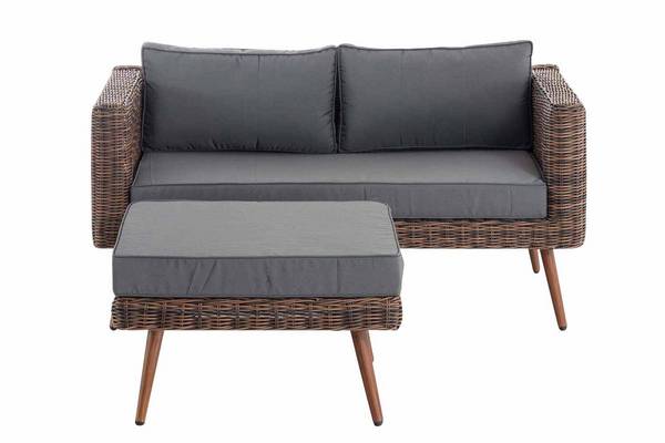 2er Sofa Molde mit Fußhocker Rundrattan braun-meliert 40 cm (Dunkelbraun) eisengrau