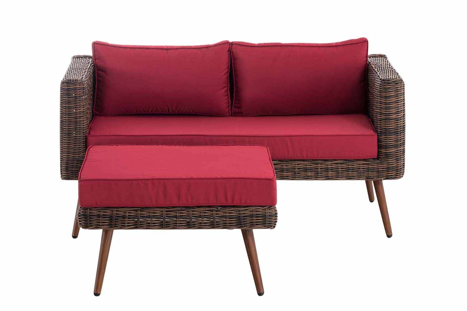 2er Sofa Molde mit Fußhocker Rundrattan braun-meliert 45 cm (Dunkelbraun) rubinrot