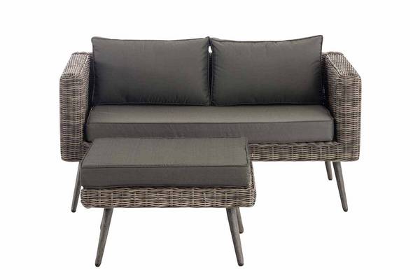 2er Sofa Molde mit Fußhocker Rundrattan grau-meliert 45 cm (Dunkelgrau) anthrazit