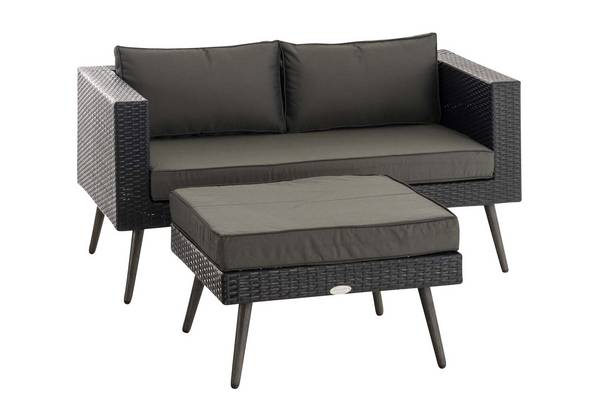 2er Sofa Molde mit Fußhocker Flachrattan schwarz 45 cm (Dunkelgrau) anthrazit