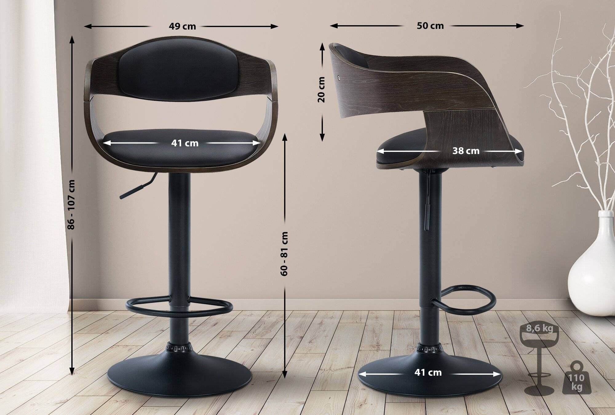 2er Set Barhocker Kingston B Kunstleder schwarz/grau-1